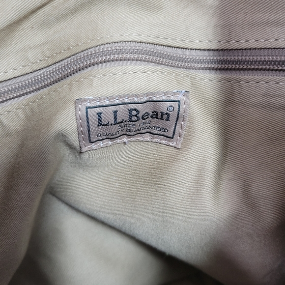 Vintage LL Bean Tan Leather Green Cotton Canvas Buckle Shoulder Bag Tote - Picture 5 of 6